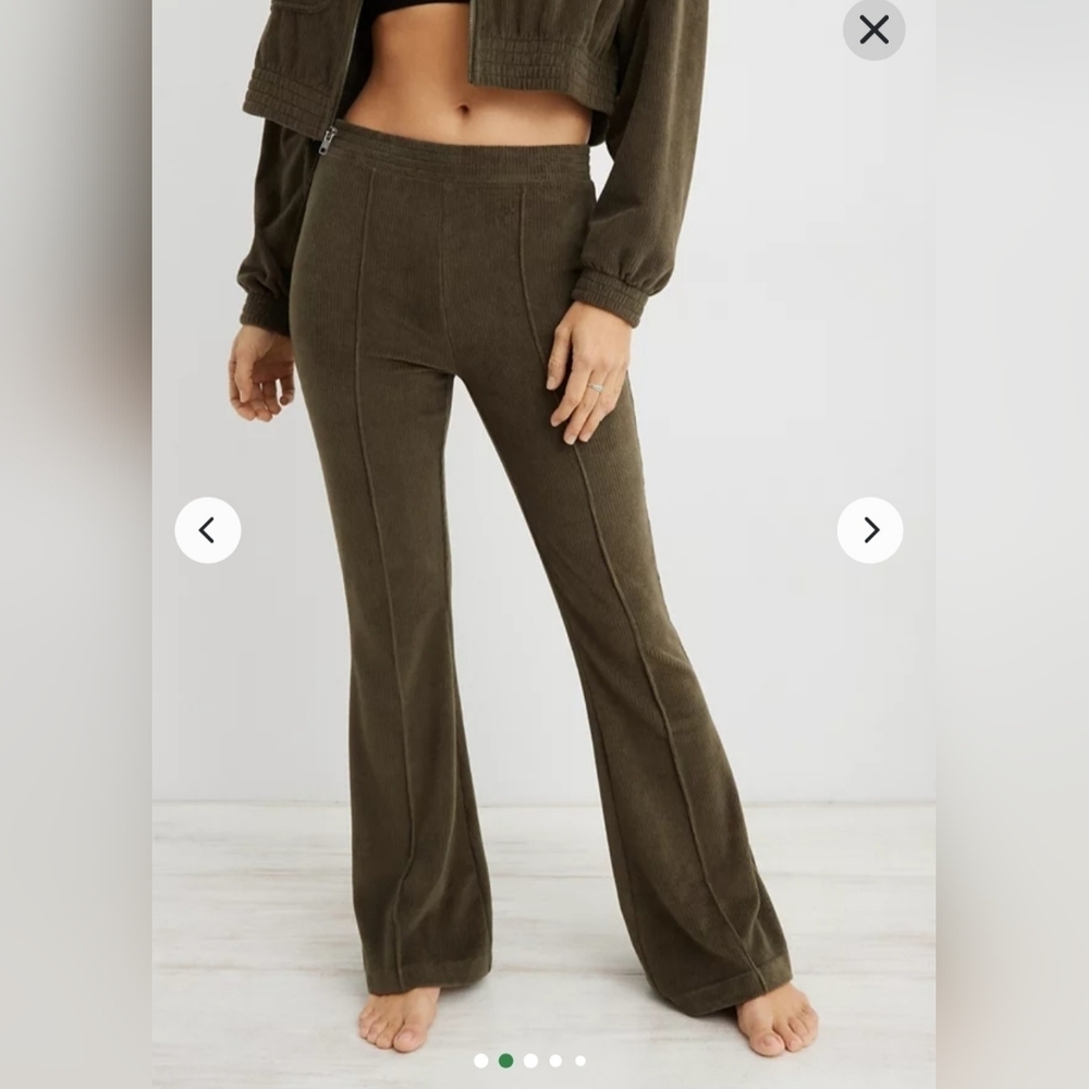 Aerie Groove-On Velour High Waisted Ribbed Flare Pant Olive Green Size Small - Picture 2 of 12